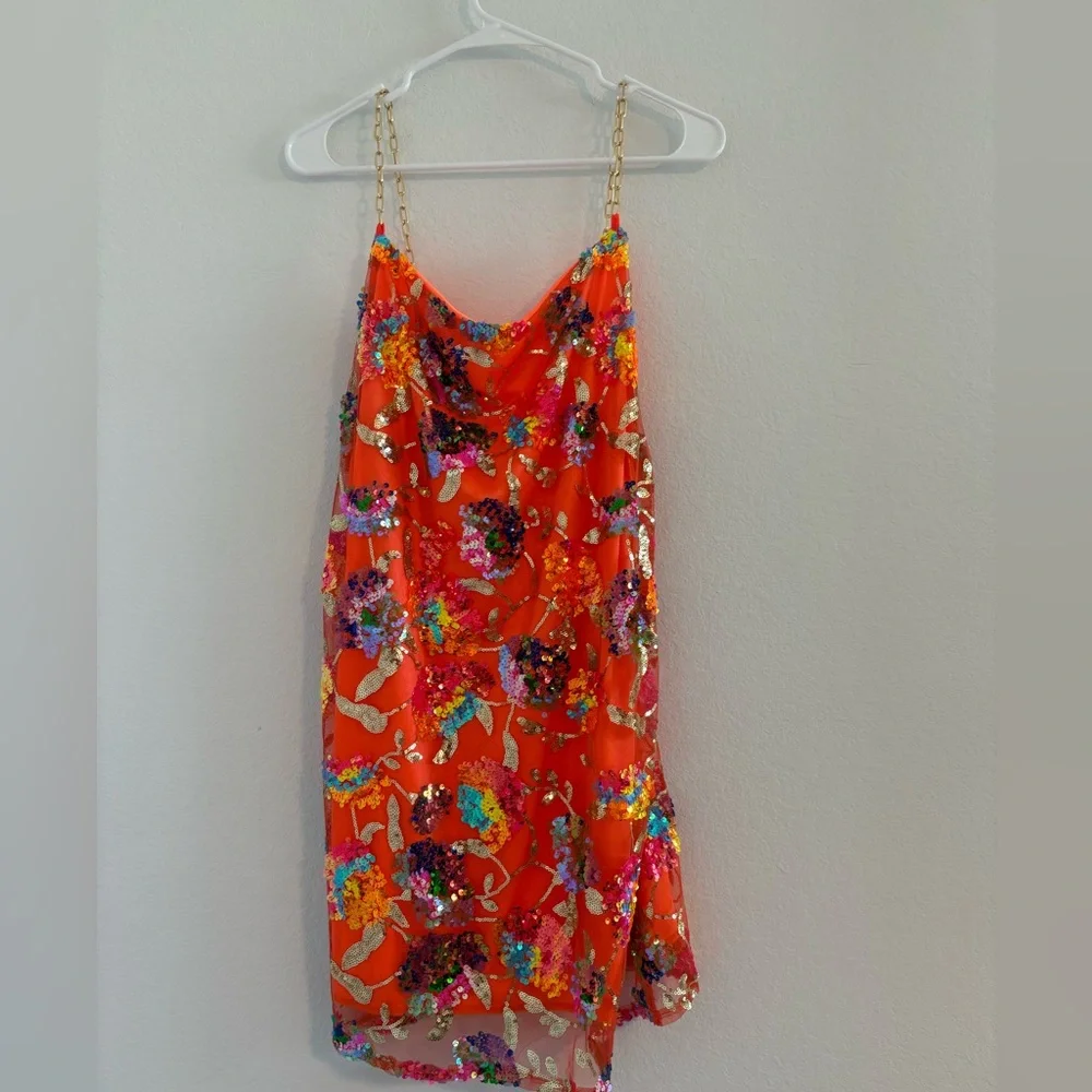 Sequin Mini Dress Backless Low-Cut Floral Sparkly Multicolor Orange Birthday - Picture 3 of 8